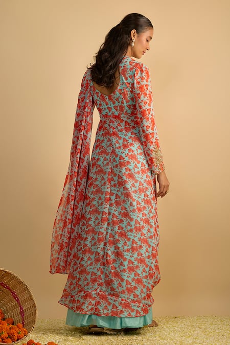 RAYASHA KHAN Blue Magic Floral Printed Draped Kurta & Gharara Set 