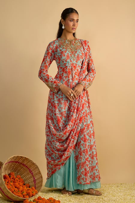RAYASHA KHAN Blue Magic Floral Printed Draped Kurta & Gharara Set 
