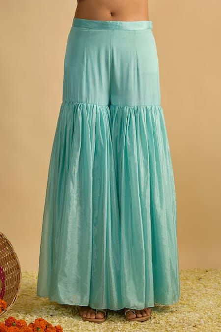 RAYASHA KHAN_Blue Georgette, Silk, Chiffon Magic Floral Printed Draped Kurta And Gharara Set _Online_at_Aza_Fashions