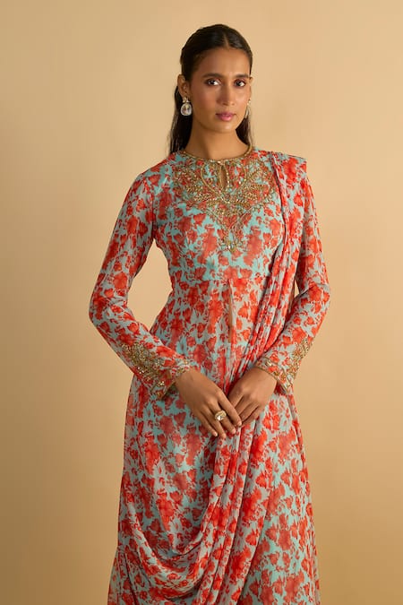 Buy_RAYASHA KHAN_Blue Georgette, Silk, Chiffon Magic Floral Printed Draped Kurta And Gharara Set _Online_at_Aza_Fashions