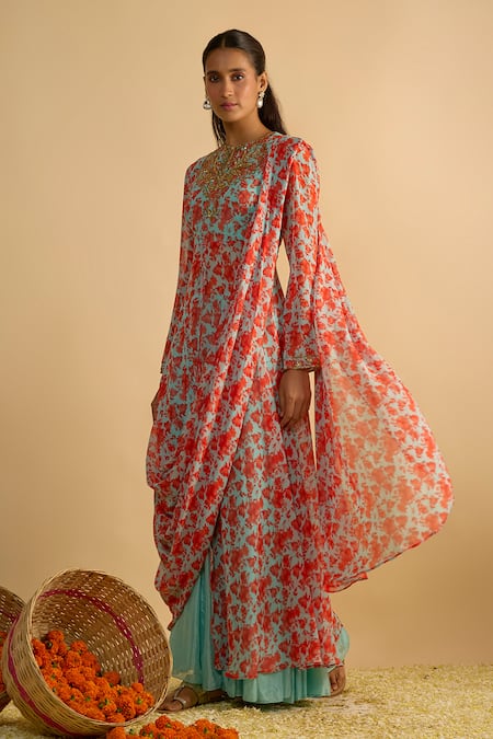 Shop_RAYASHA KHAN_Blue Georgette, Silk, Chiffon Magic Floral Printed Draped Kurta And Gharara Set _Online_at_Aza_Fashions