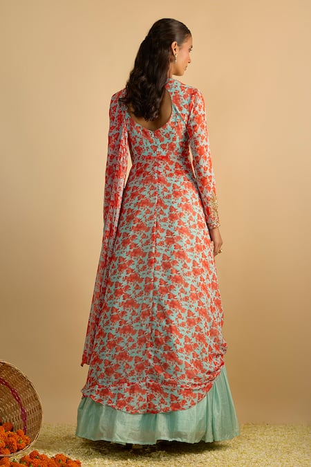 RAYASHA KHAN Blue Dancer Floral Printed Draped Kurta & Lehenga Set 