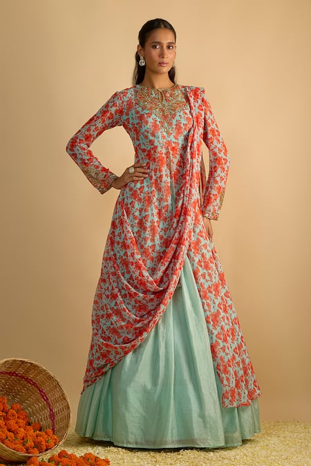 RAYASHA KHAN Blue Dancer Floral Printed Draped Kurta & Lehenga Set 