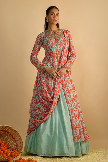 Shop_RAYASHA KHAN_Blue Georgette, Silk, Chiffon Dancer Floral Printed Draped Kurta And Lehenga Set _Online_at_Aza_Fashions