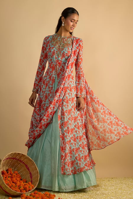 RAYASHA KHAN_Blue Georgette, Silk, Chiffon Dancer Floral Printed Draped Kurta And Lehenga Set _at_Aza_Fashions