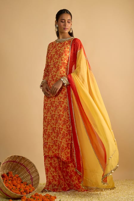 RAYASHA KHAN_Yellow Georgette, Organza Sequins Sunflower Floral Printed Kurta And Palazzo Set  _Online_at_Aza_Fashions