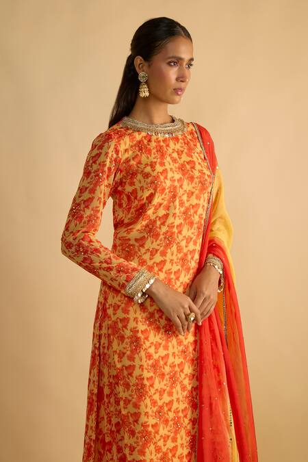Buy_RAYASHA KHAN_Yellow Georgette, Organza Sequins Sunflower Floral Printed Kurta And Palazzo Set  _Online_at_Aza_Fashions