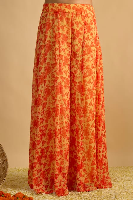 Shop_RAYASHA KHAN_Yellow Georgette, Organza Sequins Sunflower Floral Printed Kurta And Palazzo Set  _Online_at_Aza_Fashions