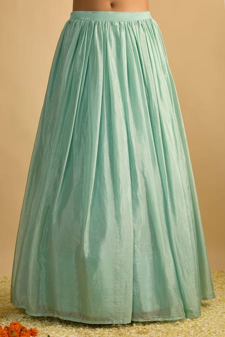 RAYASHA KHAN_Blue Georgette, Silk, Chiffon, Organza Petunias Floral Printed Kurta Lehenga Set _Online_at_Aza_Fashions