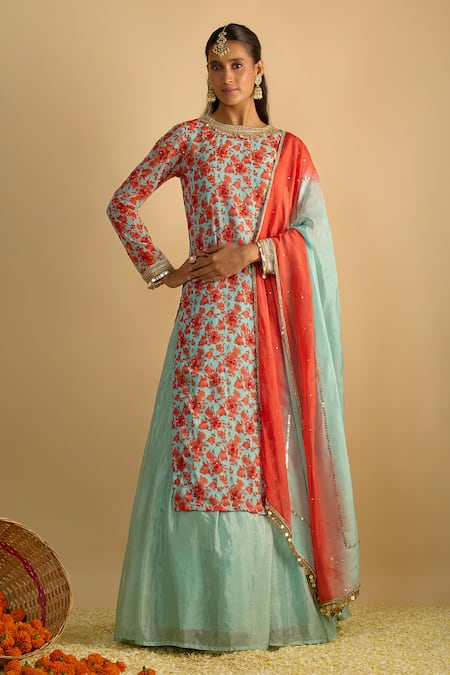 RAYASHA KHAN Petunias Floral Printed Kurta Lehenga Set 