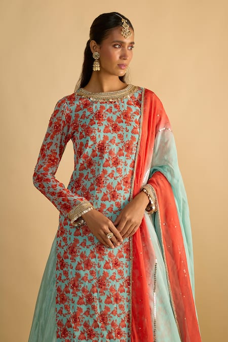 Buy_RAYASHA KHAN_Blue Georgette, Silk, Chiffon, Organza Petunias Floral Printed Kurta Lehenga Set _Online_at_Aza_Fashions