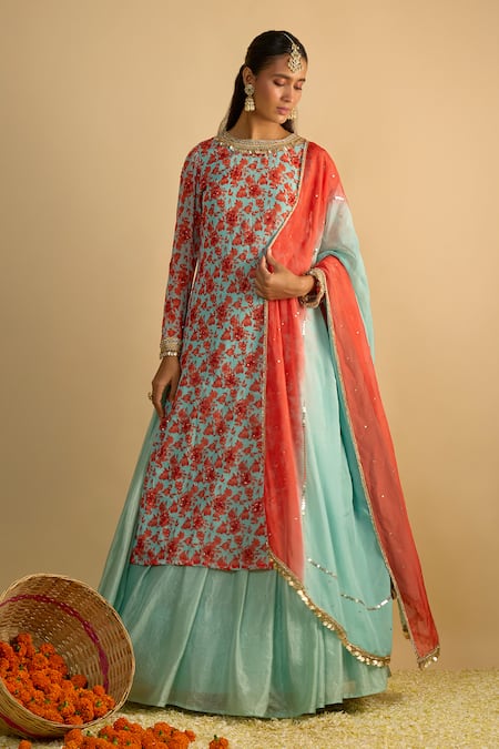 Shop_RAYASHA KHAN_Blue Georgette, Silk, Chiffon, Organza Petunias Floral Printed Kurta Lehenga Set _Online_at_Aza_Fashions