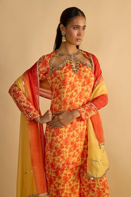 RAYASHA KHAN_Yellow Georgette, Organza Embroidery, Tulips Floral Printed Short Kurta Set  _Online_at_Aza_Fashions