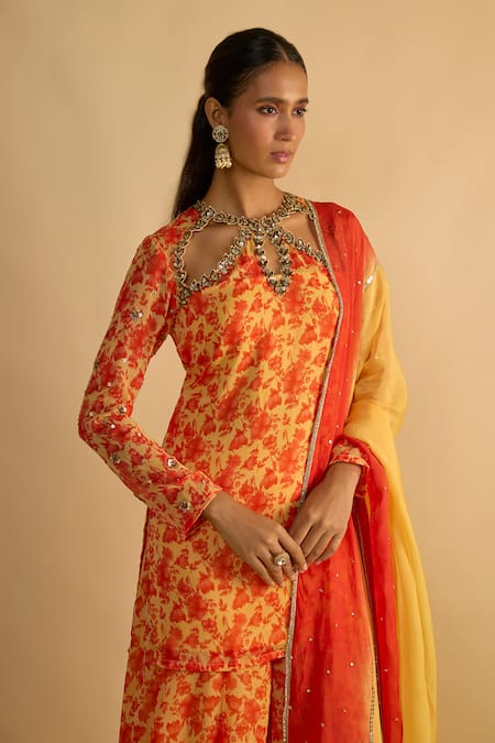 RAYASHA KHAN_Yellow Georgette, Organza Marigold Floral Printed Short Kurta Pant Set _Online_at_Aza_Fashions