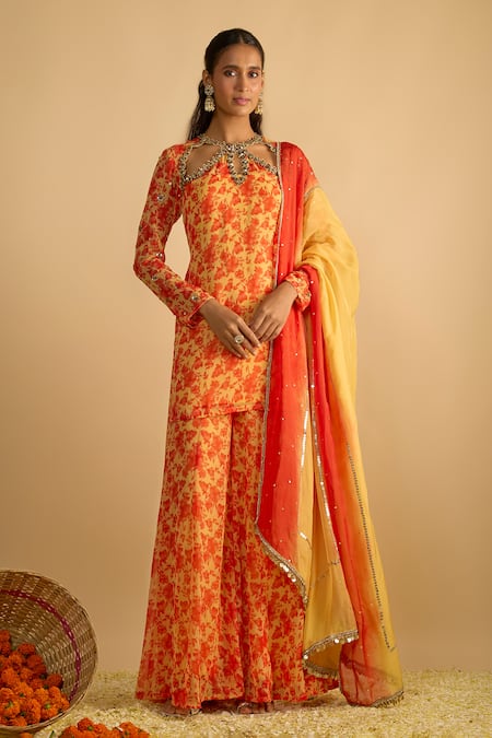 RAYASHA KHAN Marigold Floral Printed Short Kurta Pant Set 