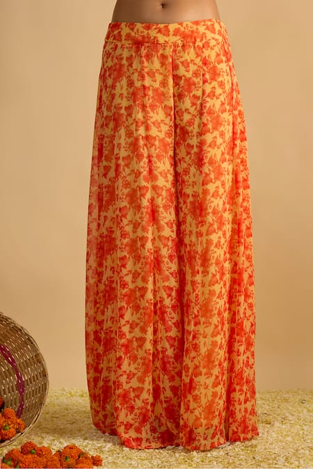 Shop_RAYASHA KHAN_Yellow Georgette, Organza Marigold Floral Printed Short Kurta Pant Set _Online_at_Aza_Fashions