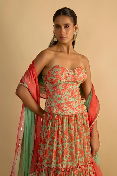 RAYASHA KHAN_Green Georgette, Organza Bells Floral Printed Corset Gathered Lehenga Set _Online_at_Aza_Fashions
