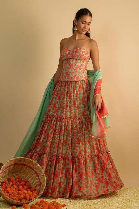Buy_RAYASHA KHAN_Green Georgette, Organza Bells Floral Printed Corset Gathered Lehenga Set _Online_at_Aza_Fashions