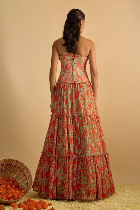 RAYASHA KHAN Green Bells Floral Printed Corset Gathered Lehenga Set 