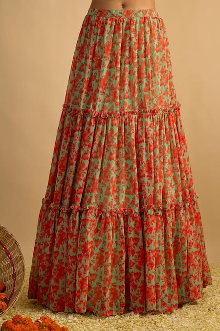Shop_RAYASHA KHAN_Green Georgette, Organza Bells Floral Printed Corset Gathered Lehenga Set _Online_at_Aza_Fashions