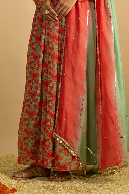 RAYASHA KHAN_Green Georgette, Orchids Floral Printed Anarkali And Embellished Dupatta Set _Online_at_Aza_Fashions
