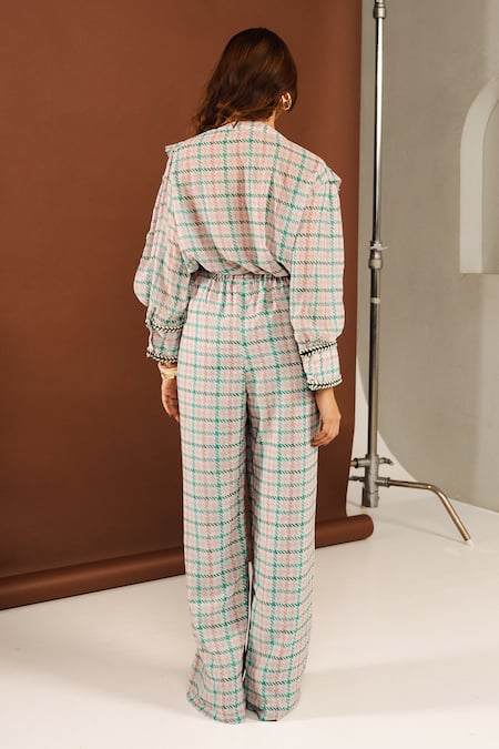 Ria Shah Label Tweed Print Frill Shirt & Wide Leg Pant Set 