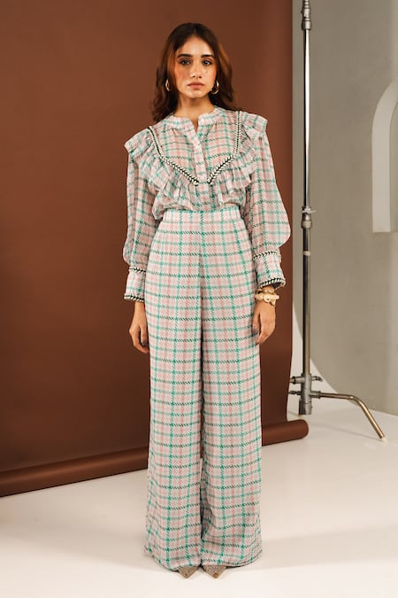 Buy_Ria Shah Label_Gray Georgette Lace Collared Tweed Print Frill Shirt And Wide Leg Pant Set _Online_at_Aza_Fashions