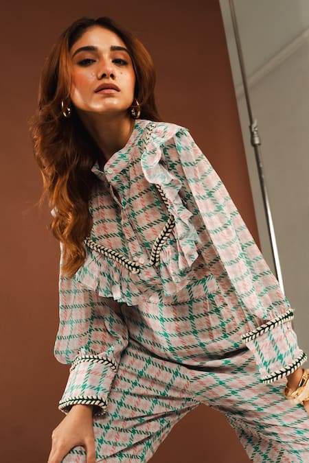 Shop_Ria Shah Label_Gray Georgette Lace Collared Tweed Print Frill Shirt And Wide Leg Pant Set _Online_at_Aza_Fashions