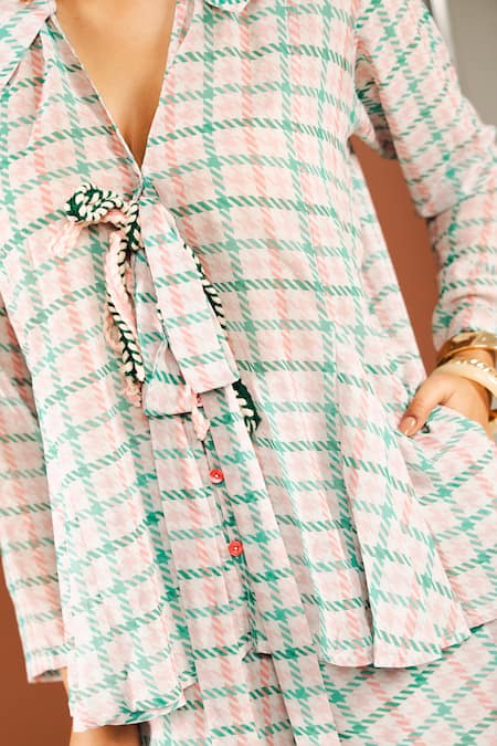 Shop_Ria Shah Label_Gray Georgette Lace, Tassels Tweed Print A-line Bow Shirt And Bermuda Shorts Set _Online_at_Aza_Fashions