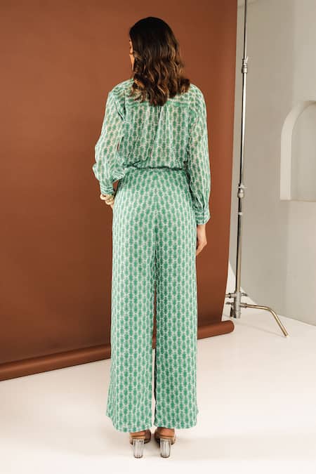 Ria Shah Label Shibori Print Ruffled Top & Wide Legged Pant Set 