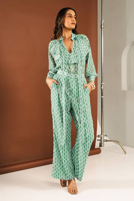 Ria Shah Label Shibori Print Ruffled Top & Wide Legged Pant Set 