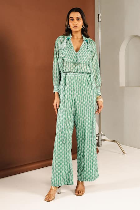 Ria Shah Label_Green Georgette Mirrors V-neck Shibori Print Ruffled Top And Wide Legged Pant Set _Online_at_Aza_Fashions