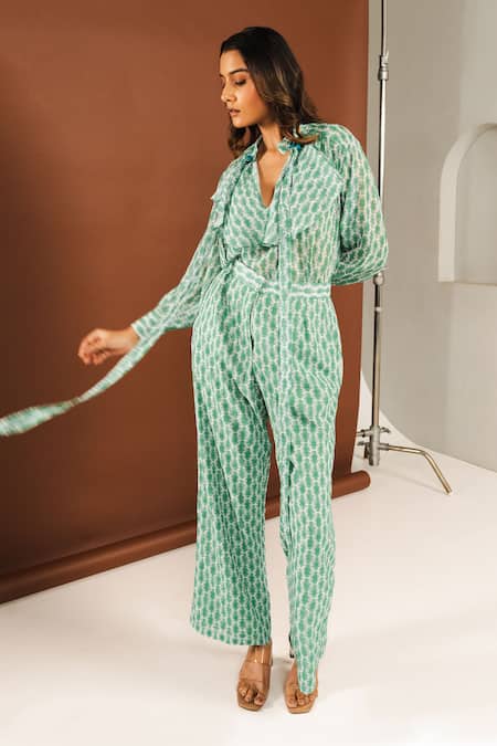 Buy_Ria Shah Label_Green Georgette Mirrors V-neck Shibori Print Ruffled Top And Wide Legged Pant Set _Online_at_Aza_Fashions