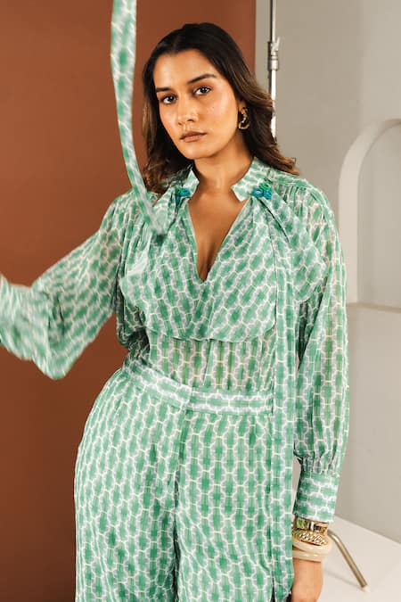 Shop_Ria Shah Label_Green Georgette Mirrors V-neck Shibori Print Ruffled Top And Wide Legged Pant Set _Online_at_Aza_Fashions