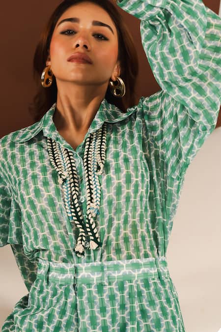 Shop_Ria Shah Label_Green Georgette Lace Collared Shibori Print Shirt And Bermuda Shorts Set _Online_at_Aza_Fashions