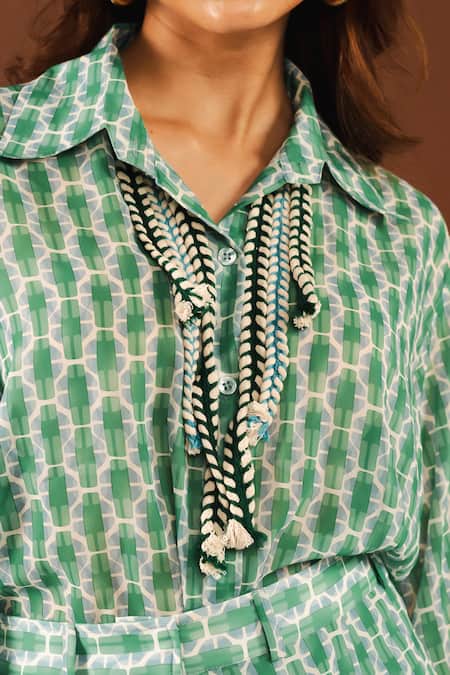 Ria Shah Label_Green Georgette Lace Collared Shibori Print Shirt And Bermuda Shorts Set _at_Aza_Fashions