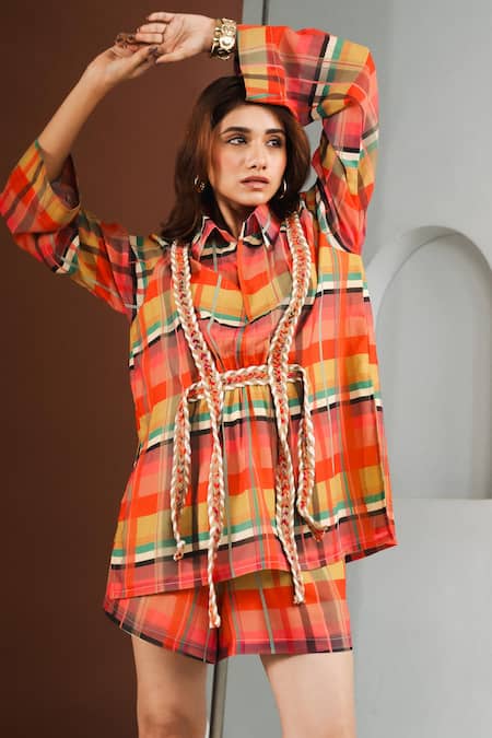 Ria Shah Label_Orange Georgette Lace Collared Plaid Checkered Shirt And Bermuda Shorts Set _Online_at_Aza_Fashions