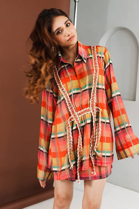 Ria Shah Label_Orange Georgette Lace Collared Plaid Checkered Shirt And Bermuda Shorts Set _at_Aza_Fashions