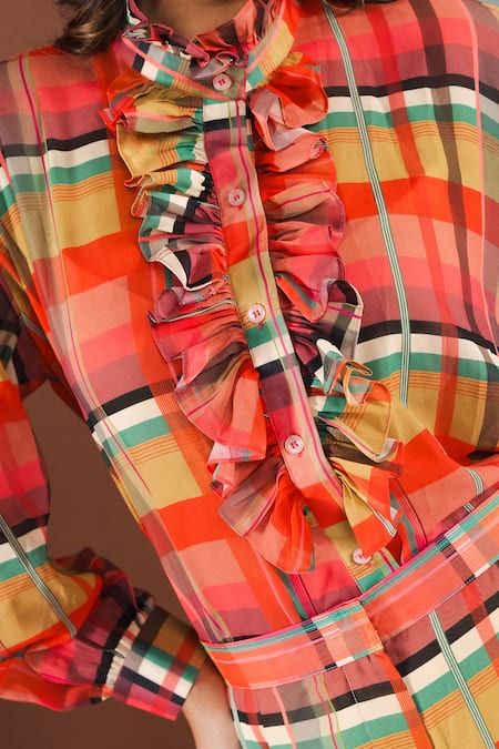 Buy_Ria Shah Label_Orange Georgette Ruffles High Neck Plaid Print Shirt With Pant _Online_at_Aza_Fashions