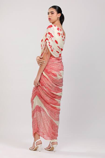 Buy_Zosia_Ivory Chinon, Chiffon One Shoulder Scarlett Ruched Dress _Online_at_Aza_Fashions