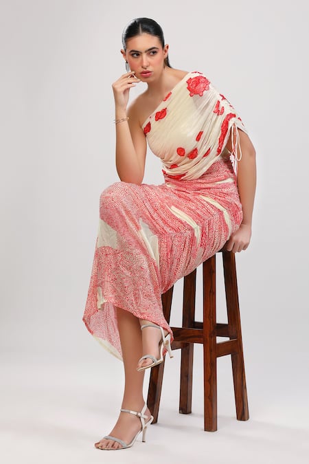 Shop_Zosia_Ivory Chinon, Chiffon One Shoulder Scarlett Ruched Dress _Online_at_Aza_Fashions