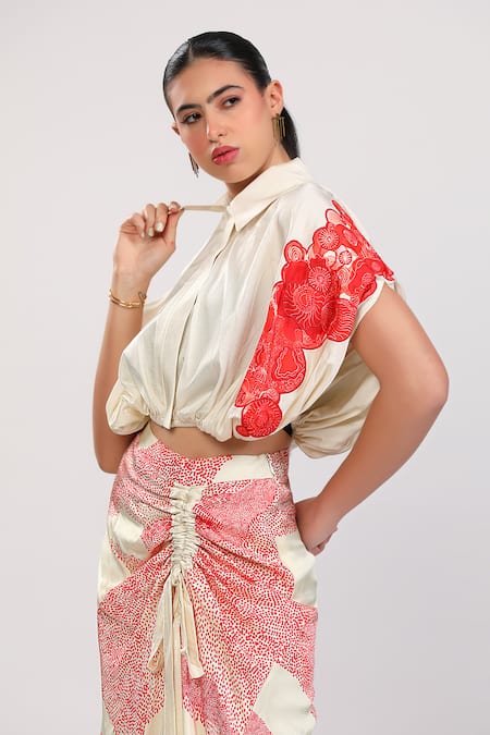 Shop_Zosia_Ivory Modal, Satin Applique Collared Crimson Printed Shirt With Skirt _Online_at_Aza_Fashions