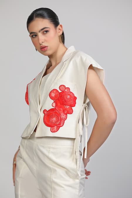 Shop_Zosia_Ivory Linen, Denim Applique V-, Bandeau Alvara Printed Jacket Pant Set _Online_at_Aza_Fashions