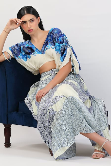 Buy_Zosia_Ivory Cotton , Modal, Applique V-neck Marea Pleated Top With Skirt _Online_at_Aza_Fashions