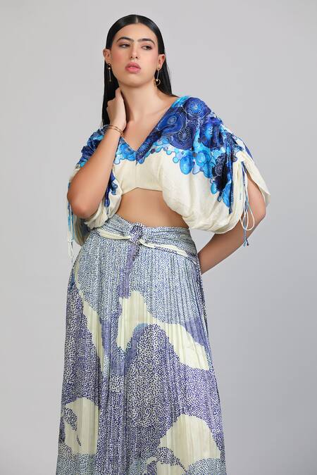 Shop_Zosia_Ivory Cotton , Modal, Applique V-neck Marea Pleated Top With Skirt _Online_at_Aza_Fashions