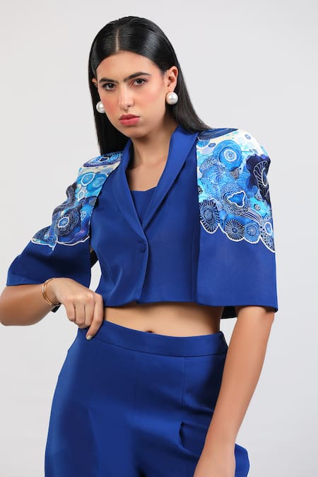 Zosia_Blue Lycra Applique V-, Bandeau Aquarelle Print Jacket Pant Set _Online_at_Aza_Fashions