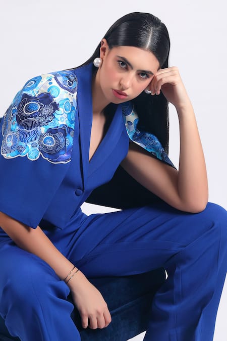 Buy_Zosia_Blue Lycra Applique V-, Bandeau Aquarelle Print Jacket Pant Set _Online_at_Aza_Fashions