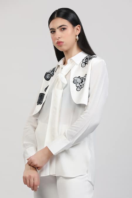 Buy_Zosia_Ivory Georgette, Modal, Satin Applique Collared Orvanna Printed Shirt _Online_at_Aza_Fashions