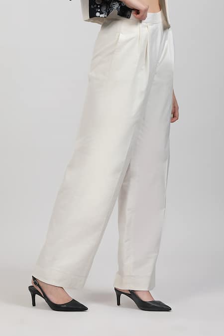Zosia_Ivory Linen, Denim Applique V-neck, Square Nivara Embroidered Jacket Pant Set _Online_at_Aza_Fashions