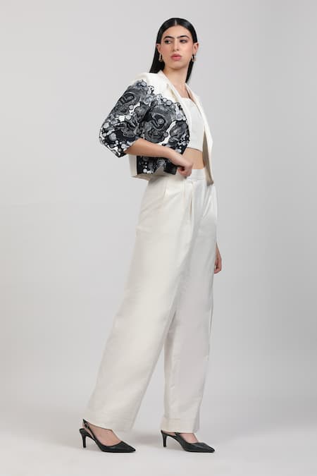Buy_Zosia_Ivory Linen, Denim Applique V-neck, Square Nivara Embroidered Jacket Pant Set _Online_at_Aza_Fashions